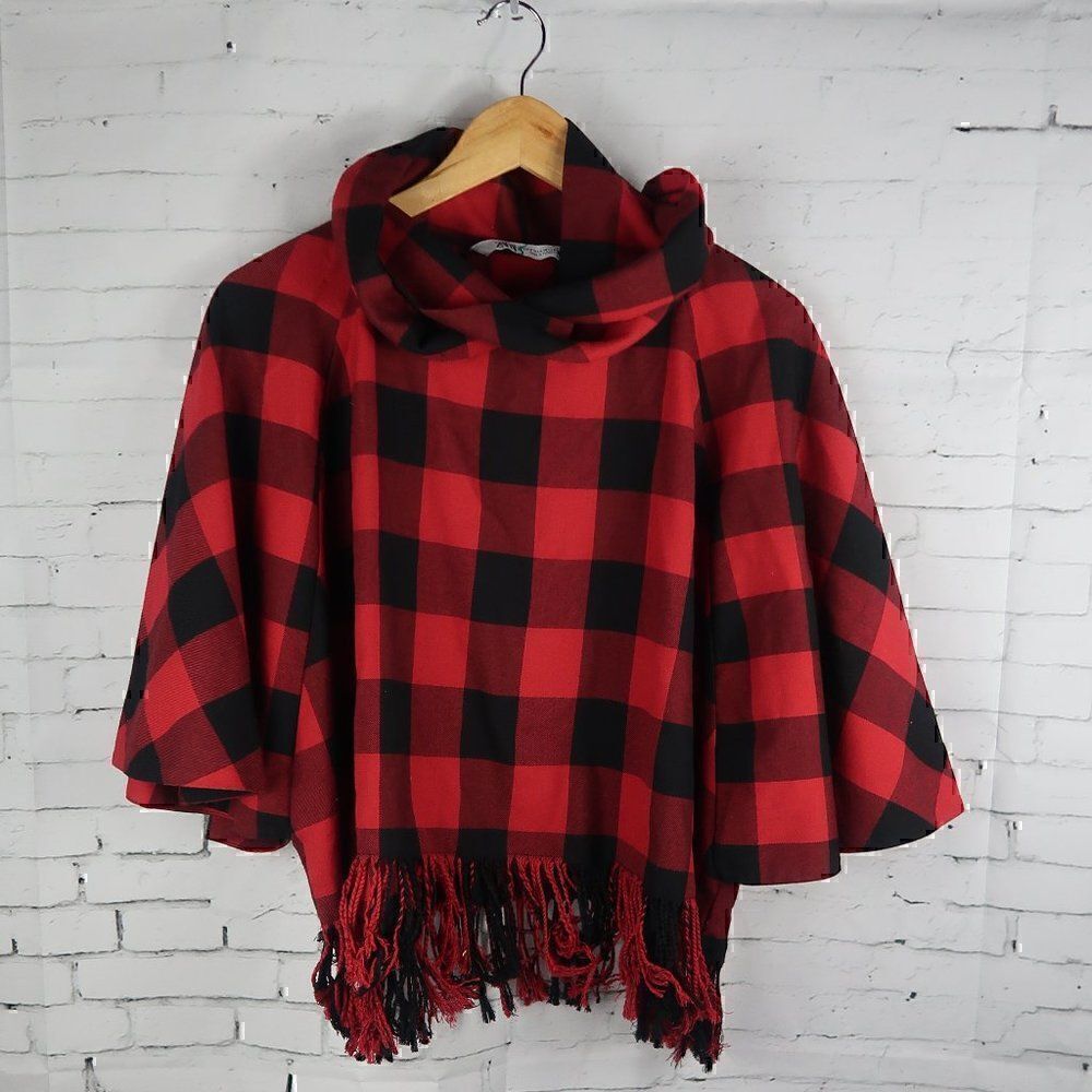 ZARA RED BUFFALO PLAID COWL NECK BAT SLEEVE FRINGE HEM CROP CAPE BLOUSE SIZE M